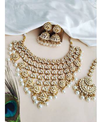 Gold Plated White Alloy Kundan Necklace Set for Women and Girls - Perfect for Wedding, Engagement and Festivals