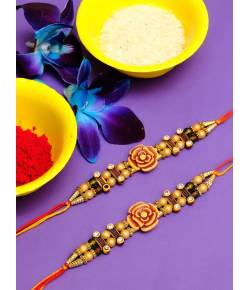 Crunchy Fashion Brown Wodden Floral Rakhi Set Pack of 2 CFRKH0025