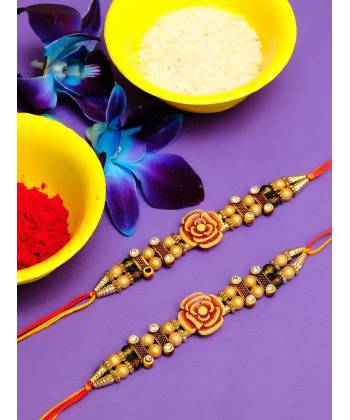 Crunchy Fashion Brown Wodden Floral Rakhi Set Pack of 2 CFRKH0025