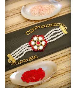 Crunchy Fashion Bracelet Material Moti Kundan Rakhi With Roli & Chawal CFRKH0038