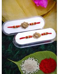Buy Online Earring, Jewelry , Bags - Crunchy Fashion Gold Tonned Red & Green Kundan Studded Rakhi Set of 2 Pack With Roli & Chawal CFRKH0074 Gifts CFRKH0074 Crunchy Fashion 