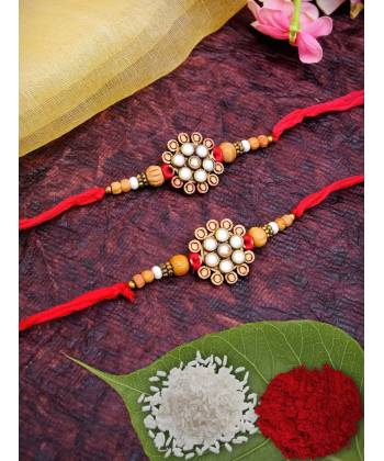 Crunchy Fashions Fancy Round Floral Rakhi Set- Pack of 2 with Roli Chawal Tilak CFRKH0048