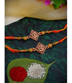 Crunchy Fashion Om Wodden Naming s Fancy Rakhi with Roli Chawal Tilak Set- Pack of 2 CFRKH0049