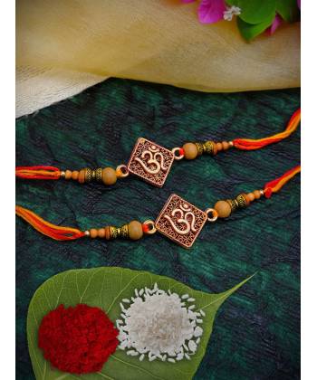 Crunchy Fashion Om Wodden Naming s Fancy Rakhi with Roli Chawal Tilak Set- Pack of 2 CFRKH0049