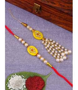 Crunchy Fashions Designer Kundan And Pearls Yellow Rakhi Set With Roli Chawal Tilak - Pack of 2 CFRKH0060