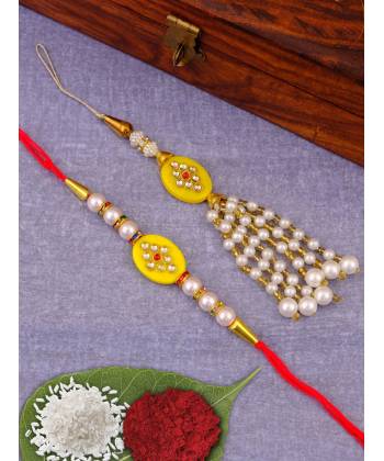 Crunchy Fashions Designer Kundan And Pearls Yellow Rakhi Set With Roli Chawal Tilak - Pack of 2 CFRKH0060