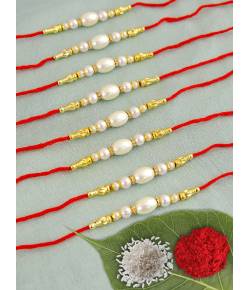 Crunchy Fashions Designer Moti Rakhi Set With Roli Chawal Tilak - Pack of 8 CFRKH0065