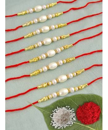 Crunchy Fashions Designer Moti Rakhi Set With Roli Chawal Tilak - Pack of 8 CFRKH0065