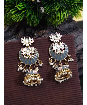 Traditional Lotus Grey Chandbali Dangler Jhumki Earrings RAE0600