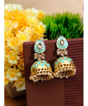 Traditional Gold Plated Sky Blue Jhumka Earrings RAE0604