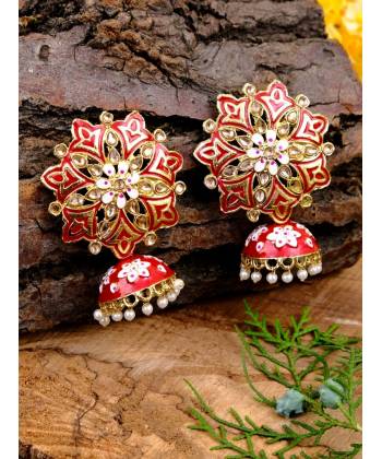 Traditional Style Gold Red Big Stud Jhumki Earrings RAE0609