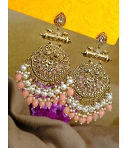 Traditional Gold Plated Peach Pearls Dangler Party Wear Earrings RAE0613