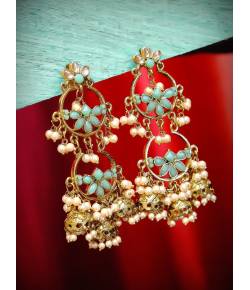 Traditional Gold Plated Green Kundan & Perl layered Earrings RAE0615
