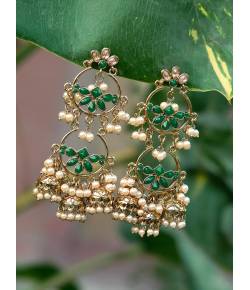 Traditional Gold Plated Dark Green  Kundan & Perl layered Earrings RAE0619