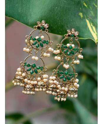 Traditional Gold Plated Dark Green  Kundan & Perl layered Earrings RAE0619