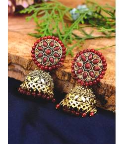 Tradtional Gold Plated Maroon Floral Jhumka Earrings RAE0621