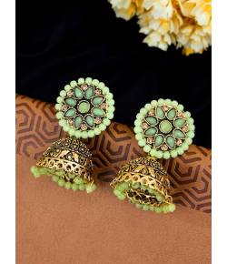 Gold Plated Light Green Floral Jhumka Earrings RAE0623