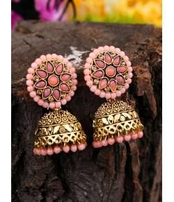 Traditional Gold Plated Pink Floral Jhumka Jhumki Earrings RAE0625