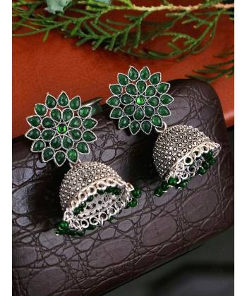 Oxidised German Silver Green Kundan Floral Jhumka Earrings RAE0630