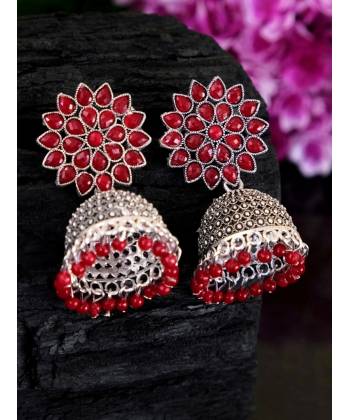 German Silver Red Kundan Jhumka Earrings RAE0633