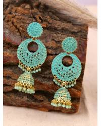 Buy Online Crunchy Fashion Earring Jewelry Ethnic Gold-Plated Lotus Style Green Jhumka Earrings With White Pearls RAE1151 Jewellery RAE1151