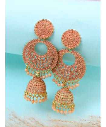 Gold Plated Peach Long Chandbali Dangler Jhumki  Earrings RAE0648