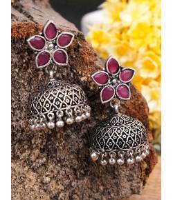 Oxidised Silver Pink Floral Jhumka Earrings RAE0653
