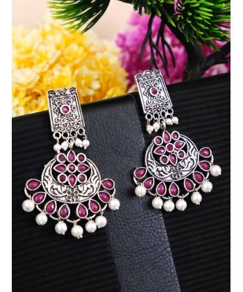 Oxidized Silver Pink Drop & Dangler Earrings RAE0654