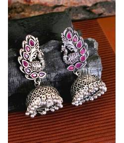 Oxidized German Silver Pink Kundan Peacock Jhumka Earrings RAE0655