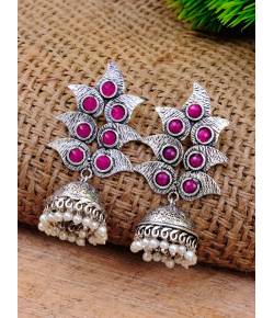 Oxidized Silver Pink Unique White Pearls Jhumka Earrings RAE0661