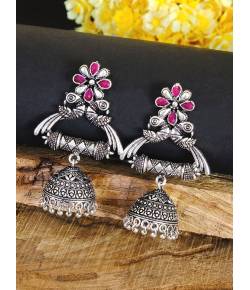 Oxidized Silver Plated Pink Antique Jhumka Earrings RAE0664