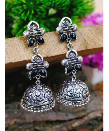 German Silver Black Jhumka Earrings RAE0670