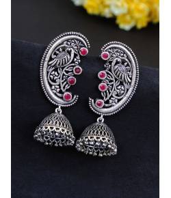 Oxidized German Silver Pink Stone Antique Jhumka Earrings RAE0674