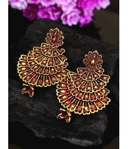 Traditional Gold Plated Maroon Peacock Dangler Earrings RAE0693