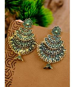 Traditional Gold Plated Green Peacock Dangler Earrings RAE0694