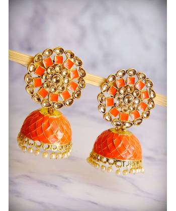 Traditional Orange Kundan Round Jhumka With Whiite Pearl RAE0698