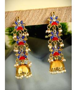 Traditional Indian Gold plated Long Floral  Blue& Red Jhumka With White Pearl Earring  RAE0719