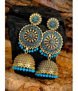 Traditional Gold plated Round Floral Blue Jhumka Earring RAE0723