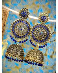 Buy Online Crunchy Fashion Earring Jewelry Ethnic Gold-Plated Lotus Style Blue Jhumka Earrings With White Pearls RAE1150 Jewellery RAE1150