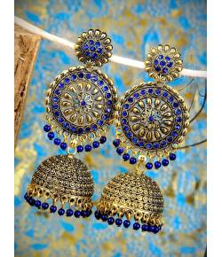Traditional Gold plated Round Floral Royal Blue Jhumka Earring RAE0725