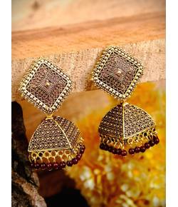 Traditional Gold plated Maroon Color Square Jhumka Jhumki Earrings RAE0739