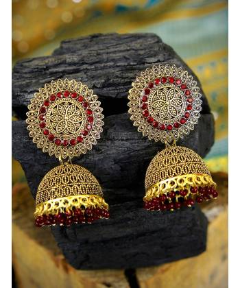 Traditional Gold Plated Maroon Pearl Jhumka Earring RAE0746 