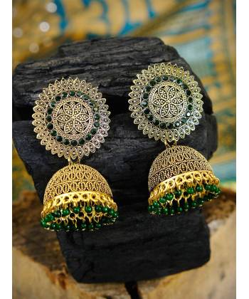 Traditional Gold Plated Dark Green Pearl Jhumka Earring RAE0747 
