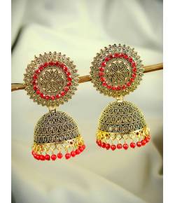 Traditional Gold Plated Red Pearl Jhumka Earring RAE0749 