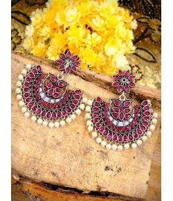 Oxidized Silver Pink Chandwali Dangler With White Pearl Earring RAE0753 