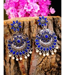 Oxidized Silver Blue Chandwali Dangler With White Pearl Earring RAE0755 