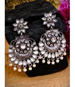 Oxidized Silver & White Chandwali Kundan Work Dangler Earring RAE0756 