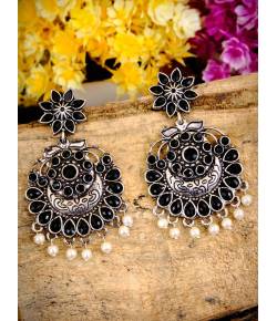 Oxidized Silver Black Chandwali Dangler With White Pearl Earring RAE0757 