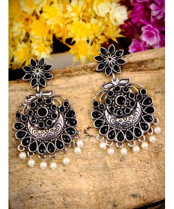 Oxidized Silver Black Chandwali Dangler With White Pearl Earring RAE0757 