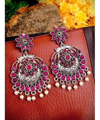 Oxidized Silver Pink Chandwali Dangler Earring RAE0759 